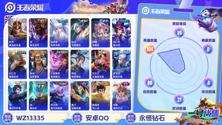 【WZF5554】贵族6/皮肤80/传说4/史诗20/英雄104/后羿_黄金射手座/铠_绛天战甲/赵云_淬星耀世/孙尚香_异界灵契/狄仁杰_阴阳师/赵云_皇家上将/孙尚香_异界灵契/庄周_高山流水/