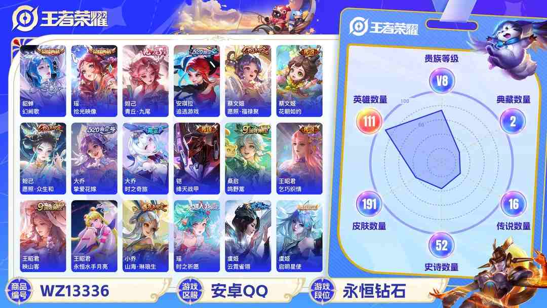王者荣耀账号安卓QQ【WZF5553】贵族8/皮肤191/典藏2/传说16/史诗52/英雄111/貂蝉_幻阙歌/瑶_拾光映像/妲己_青丘·九尾/孙尚香_蔷薇恋人/狂铁_特工战影/虞姬_云霓雀翎/虞姬_启明星使/铠_绛天