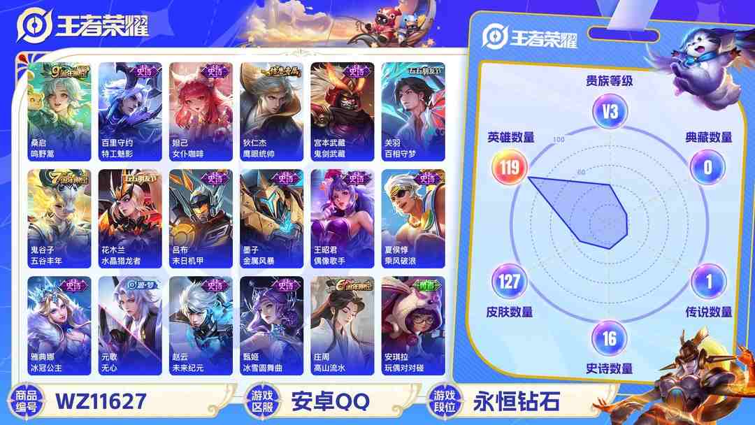 王者荣耀账号安卓QQ可二次【127皮肤1传说】安卓QQ-119英雄-127皮肤【传说皮肤】鸣野蒿【史诗皮肤】天穹祈灯 百相守梦 完美运算 女仆咖啡 鹰眼统帅 鬼剑武藏 水晶猎龙者 末日机甲 金属风暴 水果甜心 偶像歌手