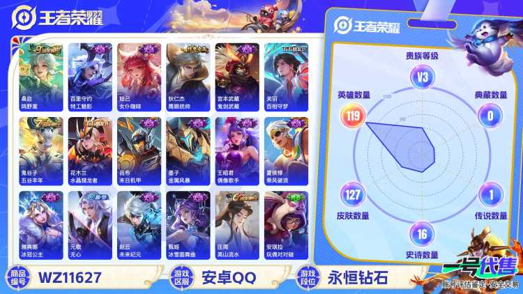 可二次【127皮肤1传说】安卓QQ-119英雄-127皮肤【传说皮肤】鸣野蒿【史诗皮肤】天穹祈灯 百相守梦 完美运算 女仆咖啡 鹰眼统帅 鬼剑武藏 水晶猎龙者 末日机甲 金属风暴 水果甜心 偶像歌手