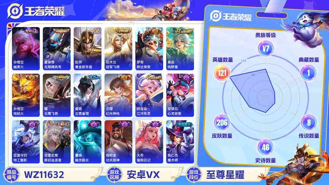 王者荣耀账号安卓VX【206皮肤1典藏8传说1星元2金标】安卓WX-121英雄【1水晶】无限飓风号【1星元】幽冥火【8传说】鸣野蒿 云鹰飞将 黄金射手座 冠军飞将 胖达荣荣 地狱火 云霓雀翎 幻光神枪【51史诗】江河有