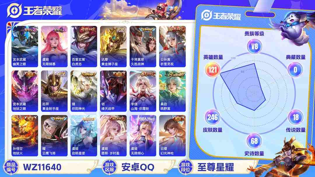 王者荣耀账号安卓QQ可二次【18传说246皮肤2星元】安卓QQ-121英雄-246皮肤【星元皮肤】无限倾慕 幽冥之眼【传说皮肤】白虎志 愿照·岁时盈 鸣野蒿 云鹰飞将 无限倾心 山海·炽霜斩 黄金狮子座 久胜战神 祈雪
