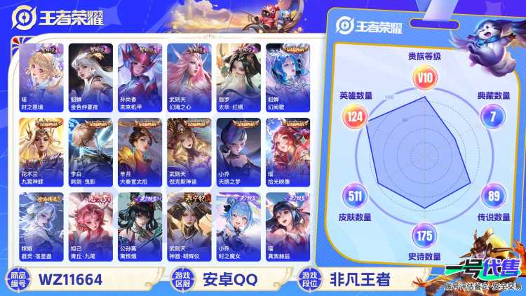 可二次【V10女号511皮肤89传说8水晶6无双5星元1珍品瑶全皮】安卓QQ-124英雄-511皮肤【8水晶】 武则天 拾光映像 幻阙歌 九霄神辉 鸣剑·曳影 天鹅之梦 大秦宣太后 倪克斯神谕【无双