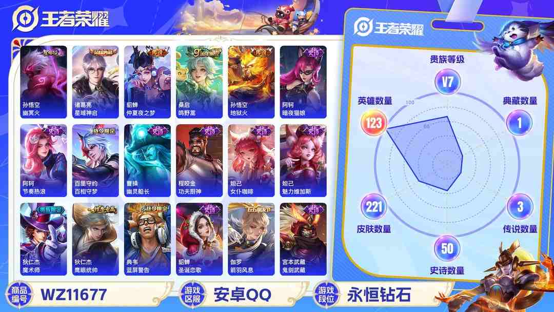 王者荣耀账号安卓QQ【221皮肤2水晶1星元3传说】安卓QQ-123英雄-221皮肤【2水晶】 武则天 星域神启【星元皮肤】幽冥火【传说皮肤】鸣野蒿 仲夏夜之梦 地狱火【史诗皮肤】怒海争锋 天穹祈灯 天穹之誓 逐霄战戟