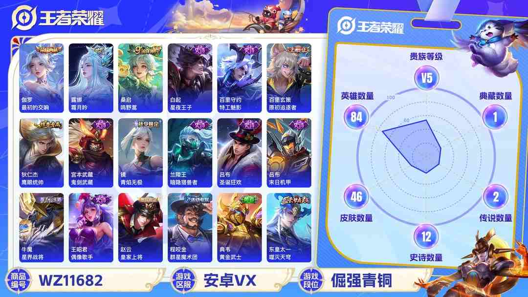 王者荣耀账号安卓VX可二次【1水晶2传说1金标】安卓V区-84英雄-46皮肤【1水晶】 最初的交响【传说皮肤】霜月吟 鸣野蒿【史诗皮肤】星界战将 天穹祈灯 天穹之誓 青焰无极 鹰眼统帅 鬼剑武藏 暗隐猎兽者 圣诞狂欢 