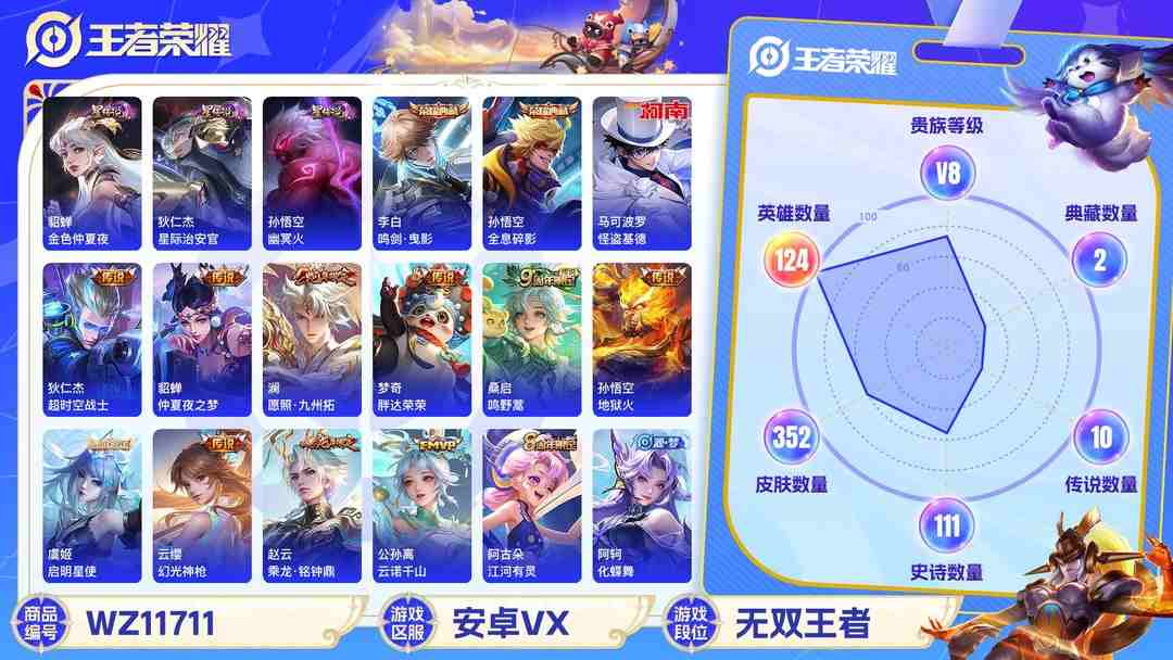 王者荣耀账号安卓VX【352皮肤2水晶11传说3星元1珍品】安卓V区-124英雄-352皮肤【2水晶】 全息碎影 鸣剑·曳影【星元皮肤】幽冥火 金色仲夏夜之梦 星际治安官【传说皮肤】云诺千山 愿照·九州拓 鸣野蒿 超时