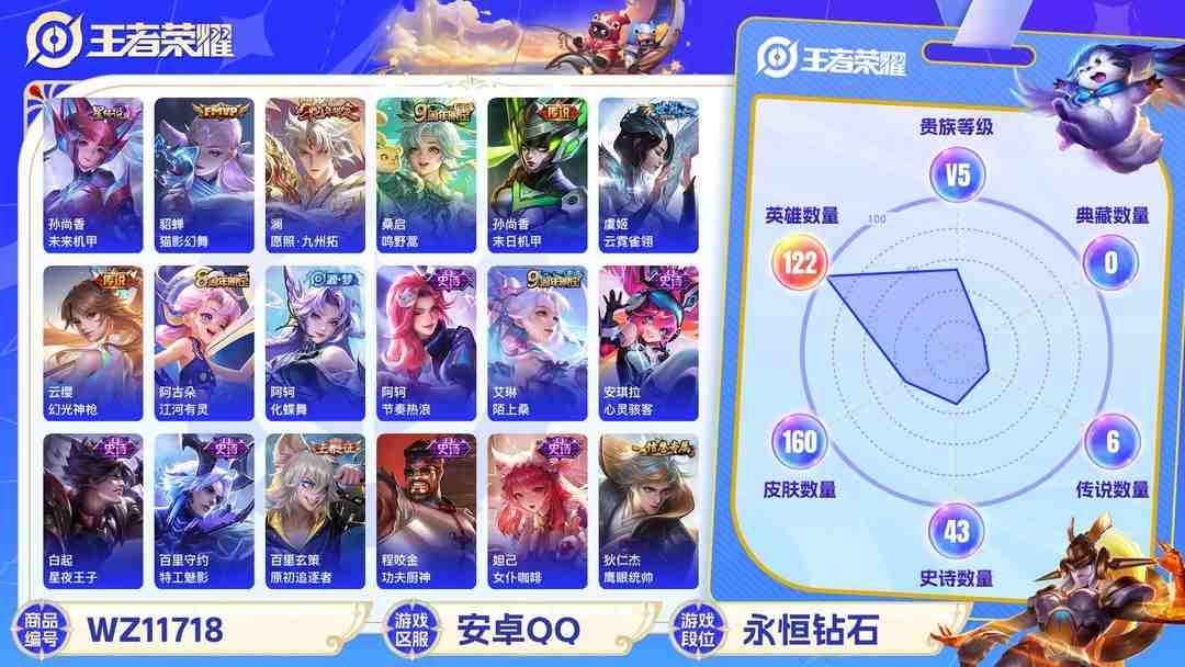 王者荣耀账号安卓QQ可二次【160皮肤6传说1星元】安卓QQ-122英雄-160皮肤【星元皮肤】未来机甲【传说皮肤】愿照·九州拓 鸣野蒿 猫影幻舞 末日机甲 云霓雀翎 幻光神枪【史诗皮肤】燃音魔法 江河有灵 天穹祈灯 