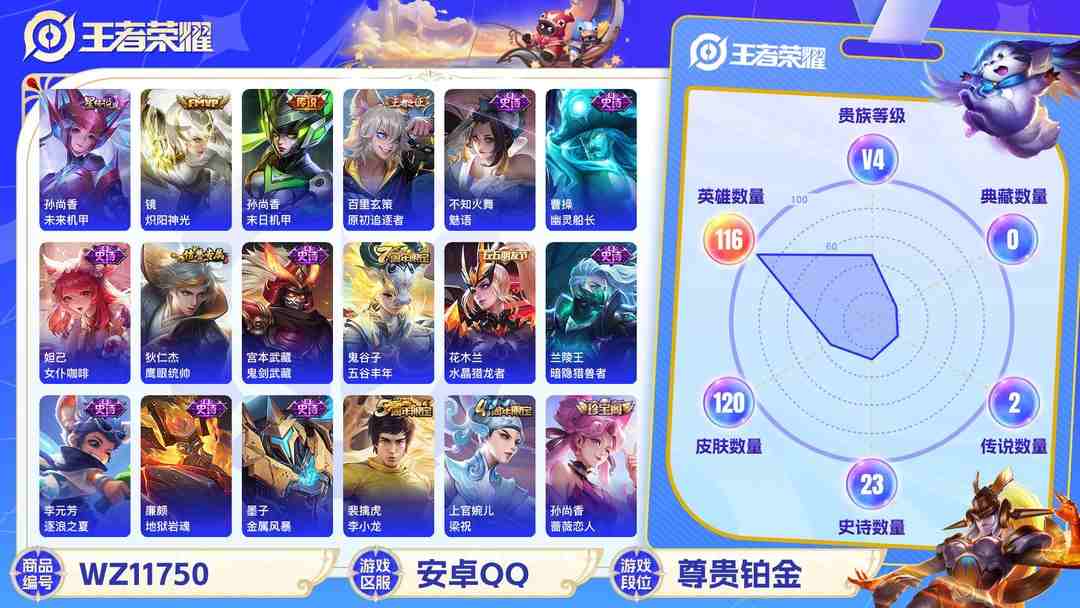 王者荣耀账号安卓QQ【2传说1星元】安卓QQ-116英雄-120皮肤【星元皮肤】未来机甲【传说皮肤】炽阳神光 末日机甲【史诗皮肤】天穹祈灯 魅语 幽灵船长 女仆咖啡 鹰眼统帅 鬼剑武藏 水晶猎龙者 暗隐猎兽者 逐浪之夏