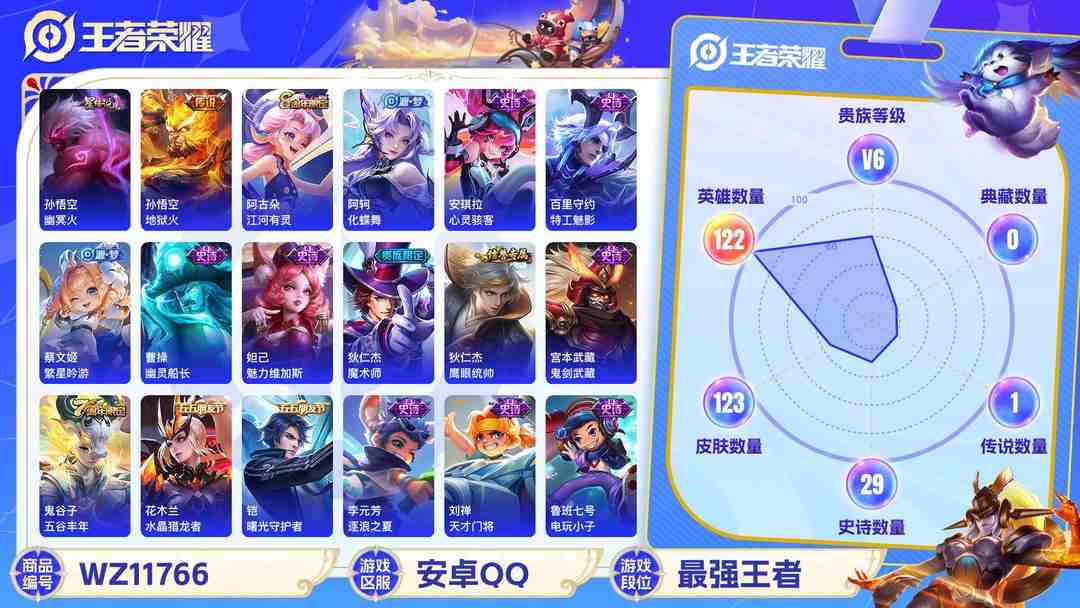 王者荣耀账号安卓QQ可二次【123皮肤1星元1传说】安卓QQ-122英雄-123皮肤【星元皮肤】幽冥火【传说皮肤】地狱火【史诗皮肤】江河有灵 天穹祈灯 顽趣 完美运算 幽灵船长 繁星吟游 魅力维加斯 魔术师 鹰眼统帅 
