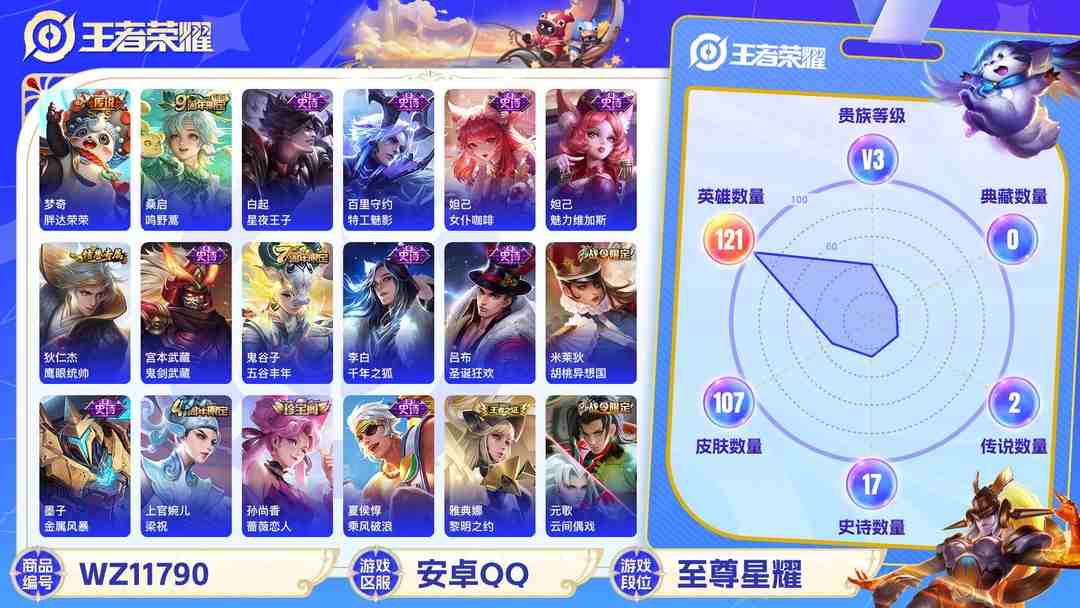 王者荣耀账号安卓QQ可二次【107皮肤2传说】安卓QQ-121英雄-107皮肤【传说皮肤】鸣野蒿 胖达荣荣【史诗皮肤】天穹之誓 女仆咖啡 魅力维加斯 鹰眼统帅 鬼剑武藏 千年之狐 圣诞狂欢 胡桃异想国 金属风暴 梁祝 