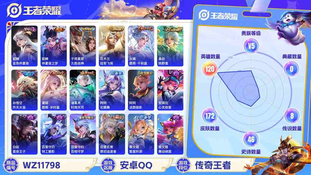 王者荣耀账号安卓QQ【172皮肤8传说1星元】安卓Q-120英雄【1星元】金色仲夏夜之梦【8传说】愿照·岁时盈 愿照·千秋盛 鸣野蒿 齐天大圣 仲夏夜之梦 久胜战神 冠军飞将 时雨天司【49史诗】琥珀纪元 星界战将 怒