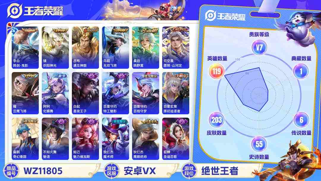 王者荣耀账号安卓VX可二次【203皮肤1水晶7传说4金标】安卓V区-119英雄-203皮肤【1水晶】 鸣剑·曳影【传说皮肤】愿照·山河定 遇见神鼓 鸣野蒿 云鹰飞将 无双飞将 炽阳神光 末日机甲【史诗皮肤】神威 破空之