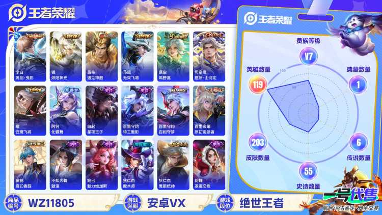 可二次【203皮肤1水晶7传说4金标】安卓V区-119英雄-203皮肤【1水晶】 鸣剑·曳影【传说皮肤】愿照·山河定 遇见神鼓 鸣野蒿 云鹰飞将 无双飞将 炽阳神光 末日机甲【史诗皮肤】神威 破空之