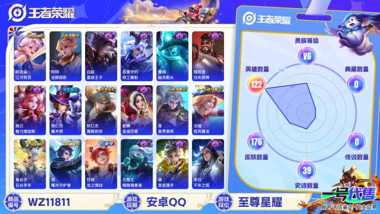 【176皮肤练手小号】安卓QQ-122英雄-176皮肤【史诗皮肤】龙之律动 江河有灵 天穹祈灯 茶境仙 星界游侠 驭风魔法 百解令 幽灵船长 功夫厨神 魅力维加斯 魔术师 鹰眼统帅 圣诞恋歌 曙光守