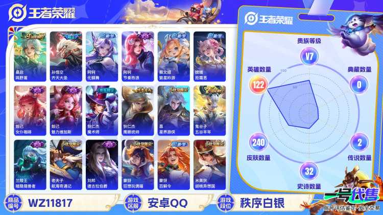 【240皮肤2传说】安卓QQ-122英雄-240皮肤【传说皮肤】鸣野蒿 齐天大圣【史诗皮肤】天穹祈灯 天穹之誓 星界游侠 百解令 繁星吟游 拒霜思 女仆咖啡 魅力维加斯 魔术师 鹰眼统帅 暗隐猎兽者