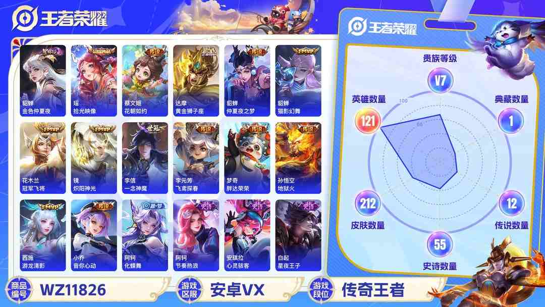 王者荣耀账号安卓VX可二次【女号金标蔡文姬13传说212皮肤1水晶1星元】安卓V区-121英雄-212皮肤【1水晶】 拾光映像【星元皮肤】金色仲夏夜【传说皮肤】花朝如约 黄金狮子座 仲夏夜之梦 猫影幻舞 冠军飞将 炽阳
