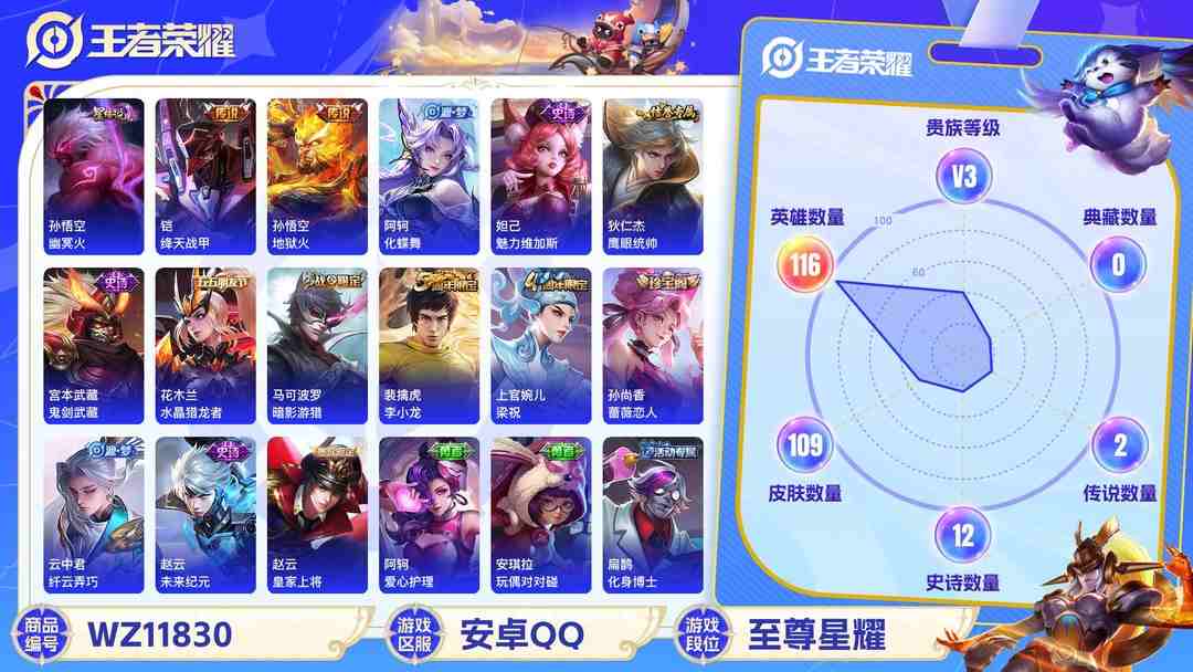 王者荣耀账号安卓QQ【109皮肤2传说1星元】安卓Q-116英雄【1星元】幽冥火【2传说】绛天战甲 地狱火【15史诗】天穹祈灯 完美运算 魅力维加斯 鹰眼统帅 鬼剑武藏 水晶猎龙者 暗影游猎 化蝶舞 梁祝 李小龙 水果