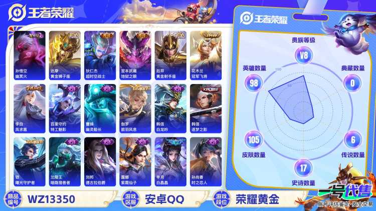 MWZ100101【亏本出9传说1星元V8】安卓Q-105皮肤-98英雄  【传说皮肤】 黄金狮子座 超时空战士 地狱之眼 黄金射手座 冠军飞将 凤求凰 末日机甲 地狱火 启明星使 星元幽冥火 【史