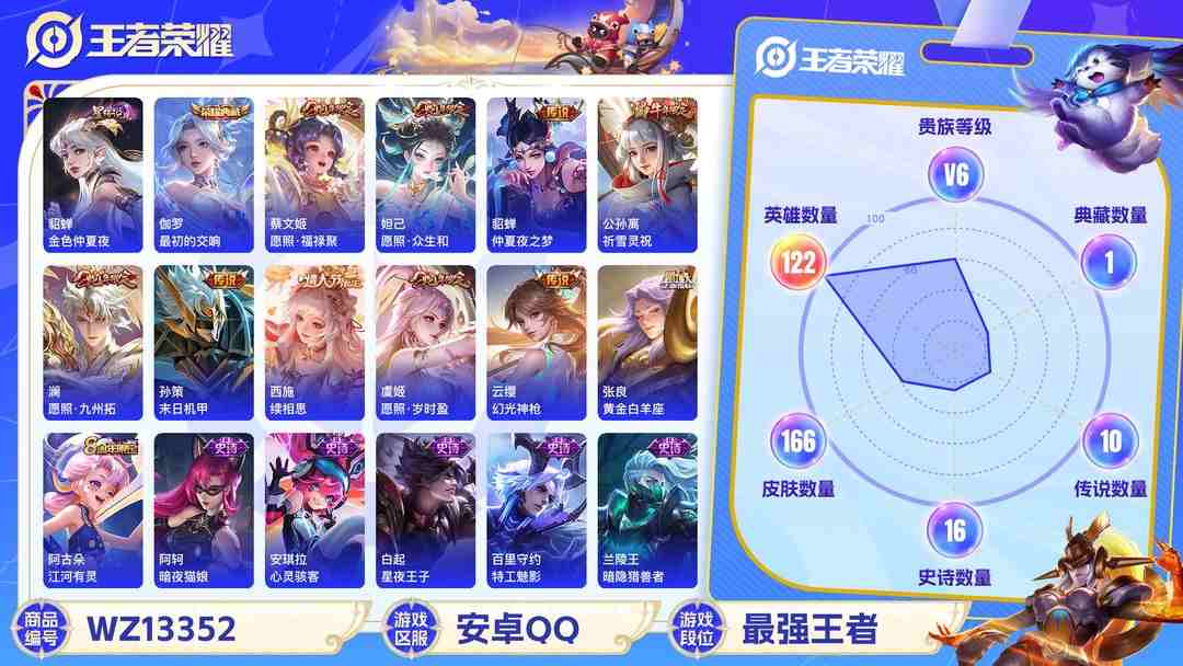 王者荣耀账号安卓QQMWZ100195【女号1典藏11传说1星元V6】安卓Q-166皮肤-122英雄  【典藏皮肤】 最初的交响  【传说皮肤】 鸣野蒿 续相思 幻光神枪 愿照·福禄聚 愿照·九州拓 愿照·众生和 愿照