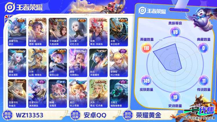 MWZ100223【女号亏本出14传说V8】安卓Q-149皮肤-110英雄  【传说皮肤】 记忆之芯 鸣野蒿 乘龙·淬吴钩 愿照·福禄聚 无限倾心 山海·琳琅生 碎云 久胜战神 末日机甲 异界灵契 
