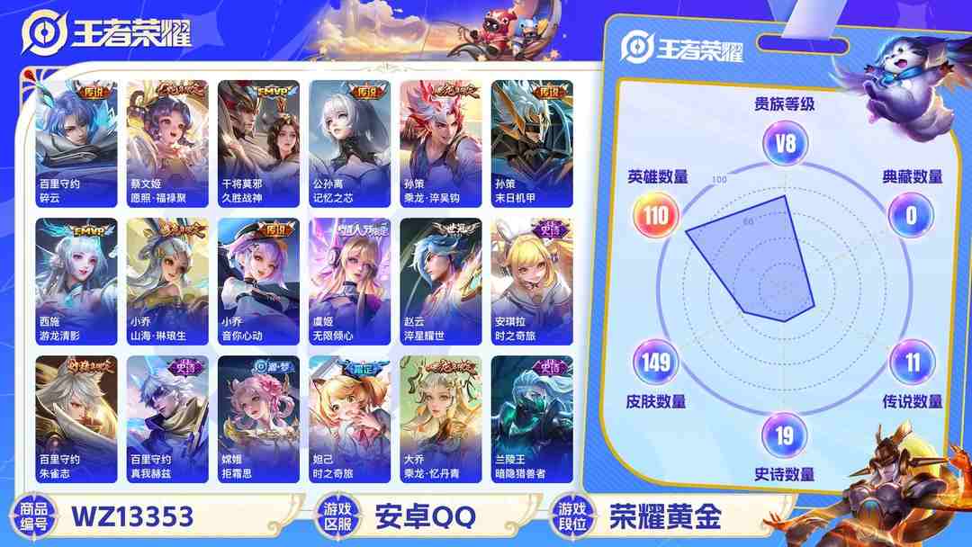 王者荣耀账号安卓QQMWZ100223【女号亏本出14传说V8】安卓Q-149皮肤-110英雄  【传说皮肤】 记忆之芯 鸣野蒿 乘龙·淬吴钩 愿照·福禄聚 无限倾心 山海·琳琅生 碎云 久胜战神 末日机甲 异界灵契 