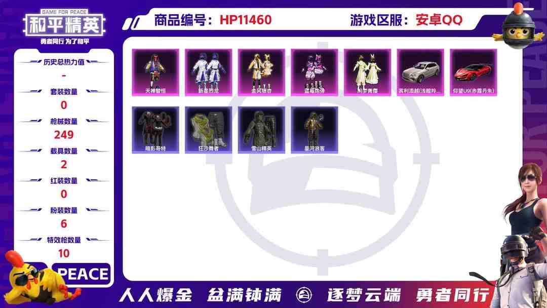 和平精英账号安卓QQ 【16印记2载具6粉装10特效枪 星河浪客（黄金外套）国宝头盔 全套粉熊包 红眼罩 小白龙 小丑鱼 宾利添越 仰望U9 6级五爪】安卓Q-82811热力值 16王牌印记 历史超级王牌13星 207