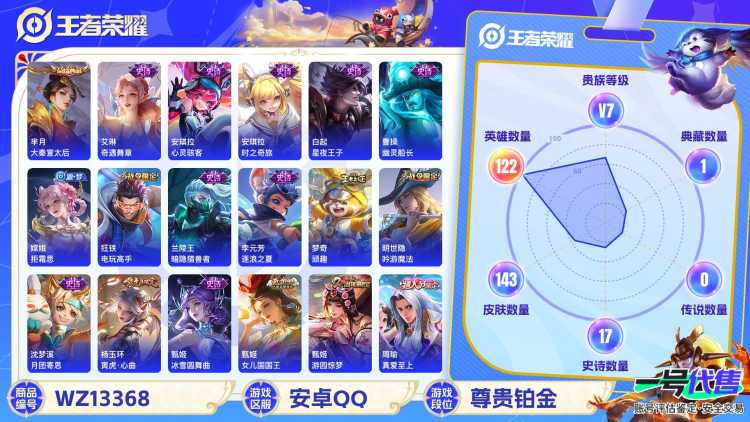MWZ100359【顶级战力号中路82段 小国标王昭君1.4W 小国标甄姬1.4W 小国标艾琳1.36W 小国标米莱狄1.4W 金标嬴政1.2W 金标扁鹊万战 金标杨玉环1.5W战力 金标妲己万战 