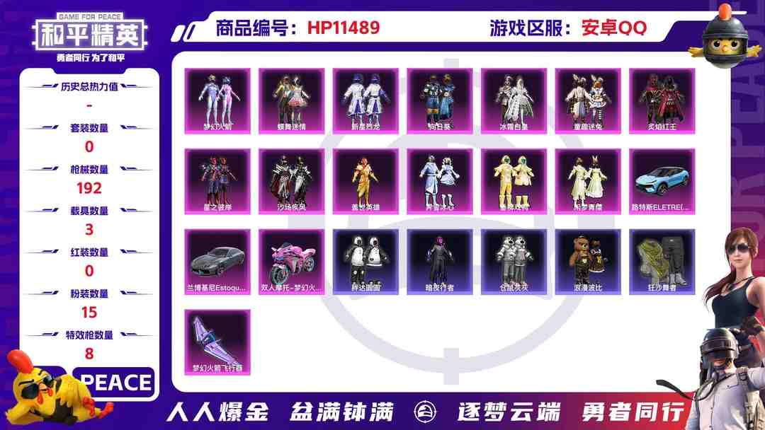 和平精英账号安卓QQ17930安卓手Q-15粉装-8特效枪-3载具-77274热力值-10印记-182套装-192枪皮-0卓越印记-0传奇印记
【15粉装】,梦幻火箭,新星烈龙,灵感创作师,童趣迷兔,蝶舞迷情,盖世英