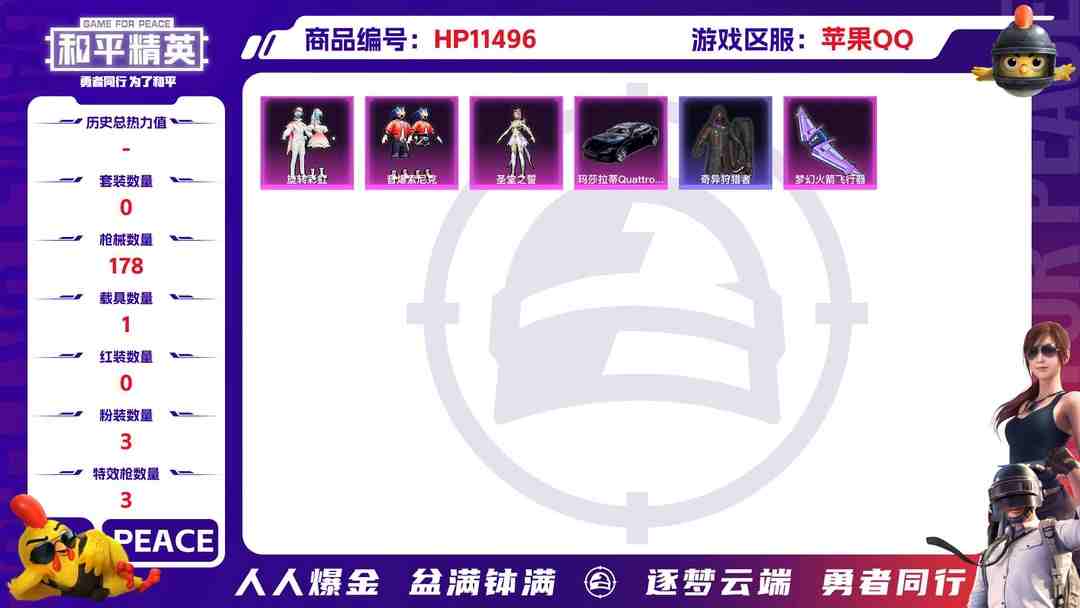 和平精英账号苹果QQ18779 苹果手Q-8王牌印记-无战神框-3粉装-3特效枪-1载具-65023热力值-125套装-178枪皮-1卓越印记-0传奇印记
【3粉装】,圣堂之誓,旋转彩虹,音爆索尼克
【3特效枪】SK