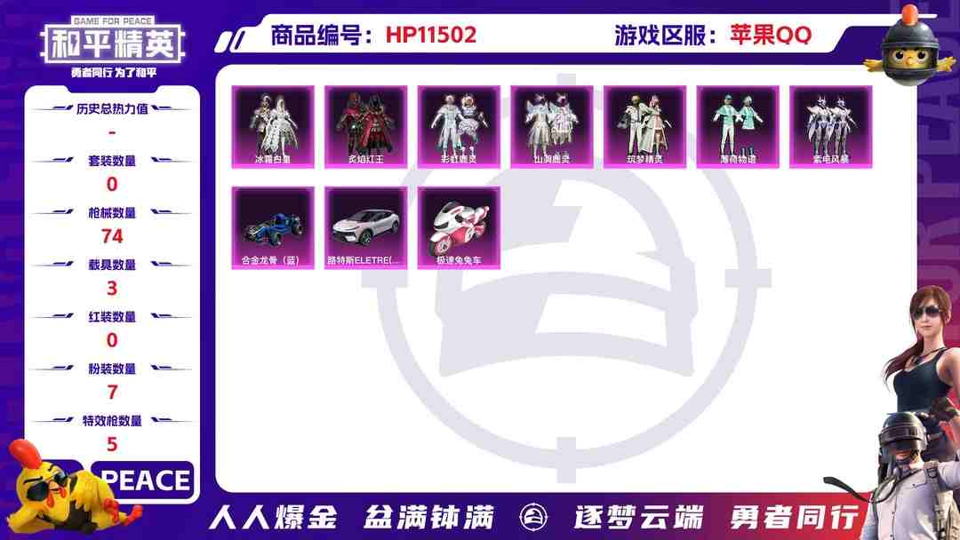 和平精英账号苹果QQ19114 苹果手Q-1王牌印记-无战神框-7粉装-5特效枪-3载具-29047热力值-57套装-74枪皮-0卓越印记-0传奇印记
【7粉装】,筑梦精灵,薄荷物语,紫电风暴,冰霜白皇,炙焰红王,彩