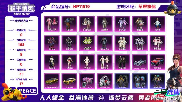 19027 苹果微信-7王牌印记-23粉装-17特效枪-8载具-78304热力值-150套装-168枪皮-0卓越印记-0传奇印记
【23粉装】,千金淑猫,呆萌星弥,零号机款机体服,梦幻火箭,怪诞乔