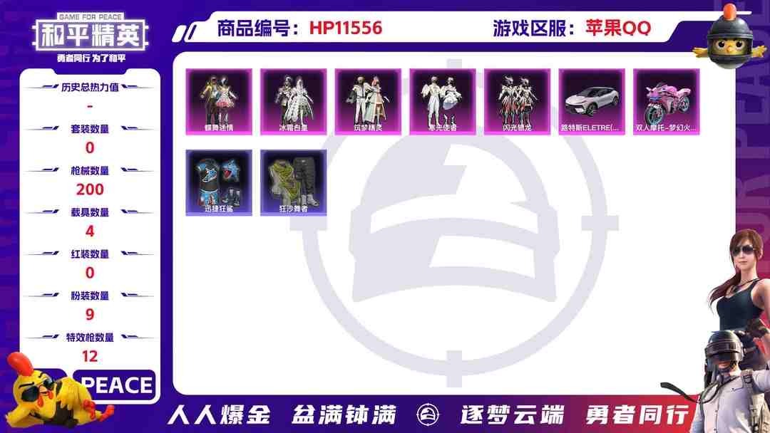 和平精英账号苹果QQ20980 苹果手Q-5王牌印记-9粉装-12特效枪-4载具-65963热力值-132套装-200枪皮-3卓越印记-0传奇印记
【9粉装】,未来领航者,蝶舞迷情,电波星,筑梦精灵,寒光使者,闪光银