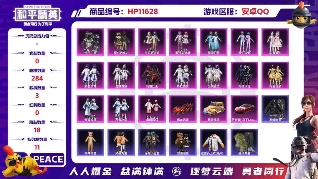 和平精英账号安卓QQ22165 安卓手Q-21王牌印记-18粉装-11特效枪-3载具-105599热力值-254套装-284枪皮-0卓越印记-0传奇印记
【18粉装】,雪国幻梦,梦幻火箭,甜心巧克力,宝贝奶油派,天使