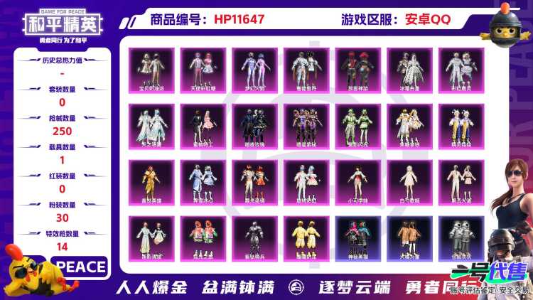22412 安卓手Q-8王牌印记-30粉装-14特效枪-1载具-96629热力值-187套装-250枪皮-0卓越印记-0传奇印记
【30粉装】,梦幻火箭,2号机款机体服,宝贝奶油派,天使彩虹糖,放