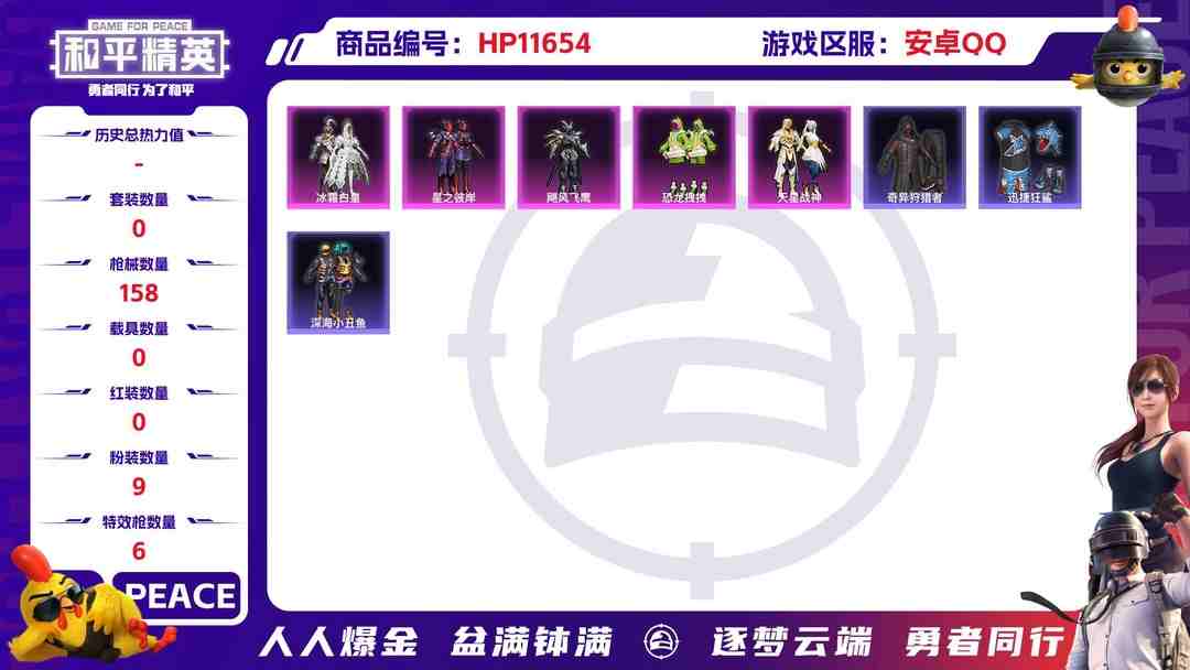 和平精英账号安卓QQ22661安卓手Q-3王牌印记-9粉装-6特效枪-0载具-51244热力值-113套装-158枪皮-1卓越印记-0传奇印记
【9粉装】,恐龙拽拽,飓风飞鹰,天星战神,星云暗核,冰川幽秘,冰霜白皇,