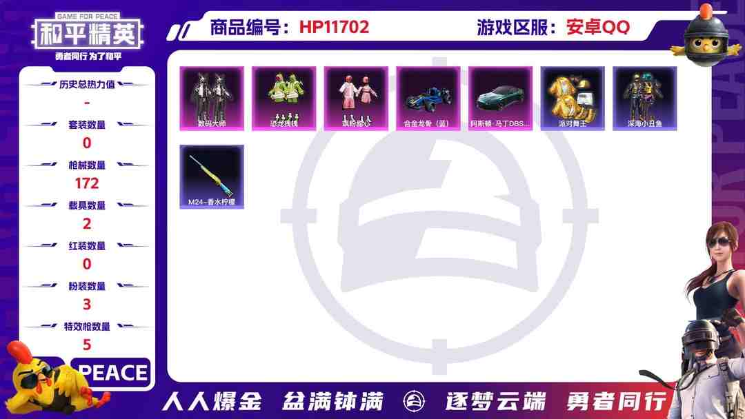 和平精英账号安卓QQ23276 qq钱包无法注销 安卓手Q-11王牌印记-3粉装-5特效枪-2载具-57013热力值-136套装-172枪皮-1卓越印记-1传奇印记
【3粉装】,恐龙拽拽,飒粉甜心,数码大师
【5特效