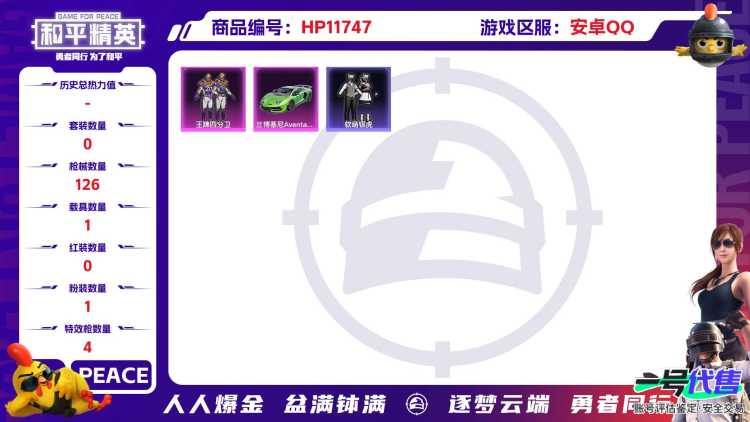 23912 安卓手Q-1王牌印记-1粉装-4特效枪-1载具-42687热力值-81套装-126枪皮-0卓越印记-0传奇印记
【1粉装】,王牌四分卫
【4特效枪】M416-心之恋语-7级 AUG-暖