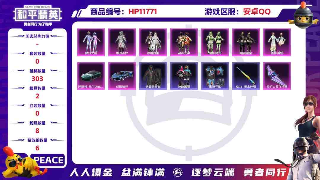 和平精英账号安卓QQ23919    安卓手Q-11王牌印记-8粉装-6特效枪-2载具-96415热力值-224套装-303枪皮-1卓越印记-1传奇印记
【8粉装】,梦幻火箭,碧影闪光,莲影清波,萨利娅,银刃赛罗,冰