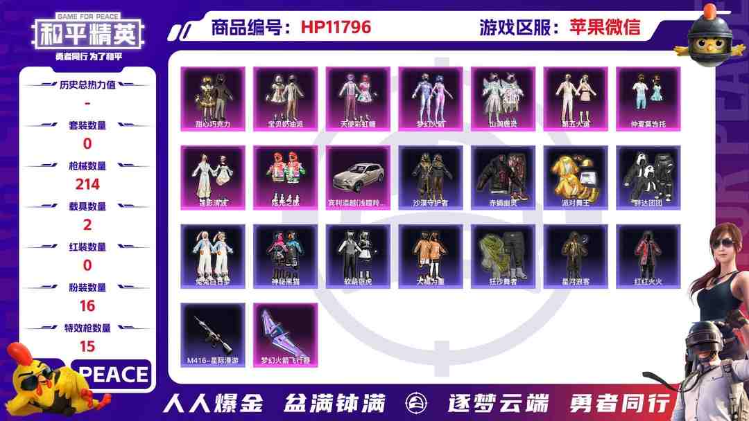 和平精英账号苹果微信23941   苹果微信-7王牌印记-16粉装-15特效枪-2载具-81291热力值-169套装-214枪皮-2卓越印记-0传奇印记
【16粉装】,梦幻火箭,初号机 觉醒Ver.,甜心巧克力,宝贝