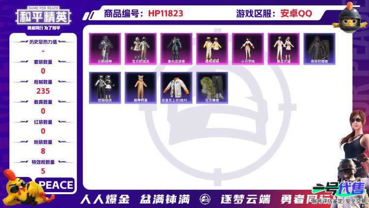 23996   安卓手Q-15王牌印记-8粉装-5特效枪-0载具-77339热力值-187套装-235枪皮-7卓越印记-4传奇印记
【8粉装】,宝贝奶油派,第五大道,玩偶服-猪猪侠,千金淑猫,复仇