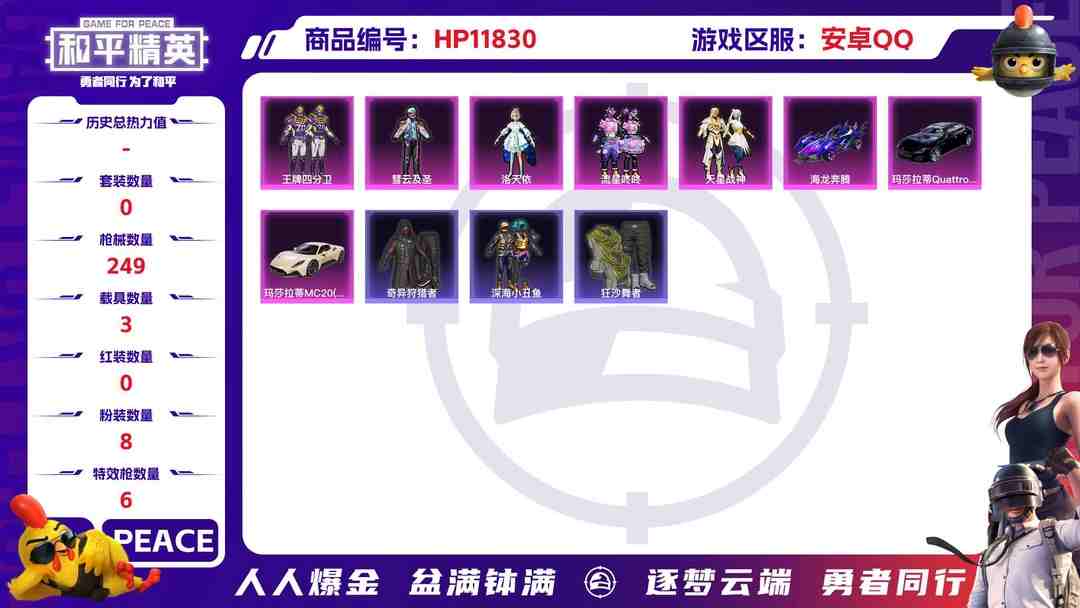 和平精英账号安卓QQ24049  安卓Q-86460热力值 12王牌印记 历史超级王牌11星 222套装 249枪皮 【3载具】 玛莎拉蒂M白色 玛莎拉蒂Q蓝色 海龙奔腾 【3稀有】 奇异狩猎者 SCAR-L-粉色回