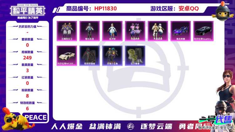 24049  安卓Q-86460热力值 12王牌印记 历史超级王牌11星 222套装 249枪皮 【3载具】 玛莎拉蒂M白色 玛莎拉蒂Q蓝色 海龙奔腾 【3稀有】 奇异狩猎者 SCAR-L-粉色回