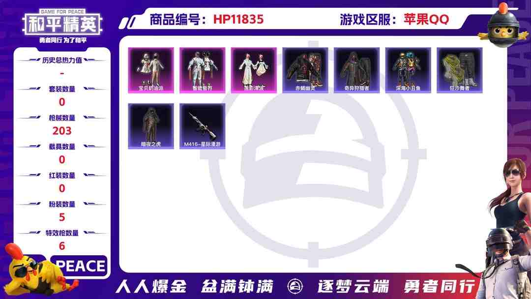 和平精英账号苹果QQ24080 苹果手Q-2王牌印记-5粉装-6特效枪-0载具-56308热力值-130套装-203枪皮-0卓越印记-0传奇印记
【5粉装】,宝贝奶油派,伏羲圣卦,智能音符,莲影清波,萨利娅
【6特效