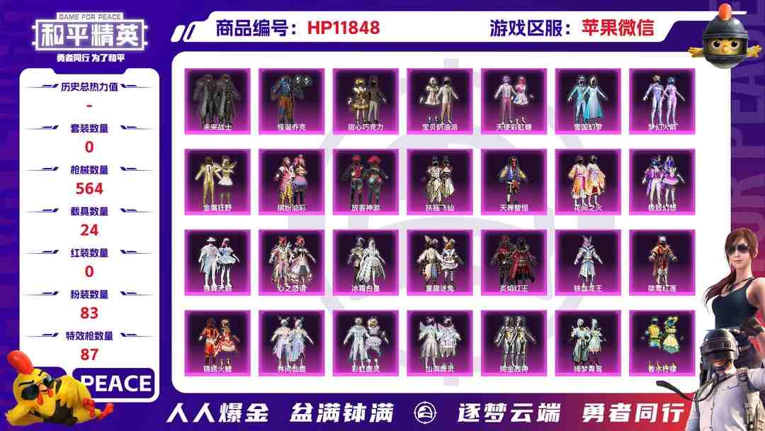 和平精英账号苹果微信24140  5战神框  2级图卡盟  1级瑞拉 苹果微信-27王牌印记-有战神框-83粉装-87特效枪-24载具-热力值-424套装-564枪皮-4卓越印记-2传奇印记
【83粉装】