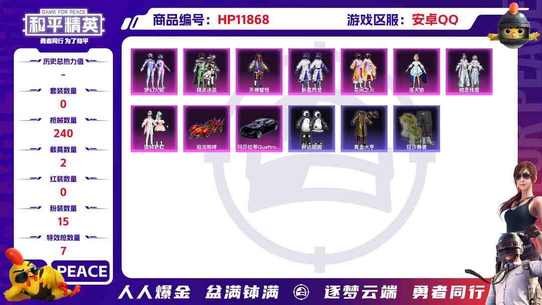 和平精英账号安卓QQ24398 安卓手Q-11王牌印记-15粉装-7特效枪-2载具-83566热力值-203套装-240枪皮-0卓越印记-0传奇印记
【15粉装】,梦幻火箭,零号机款机体服,新星烈龙,洛天依,花间之火