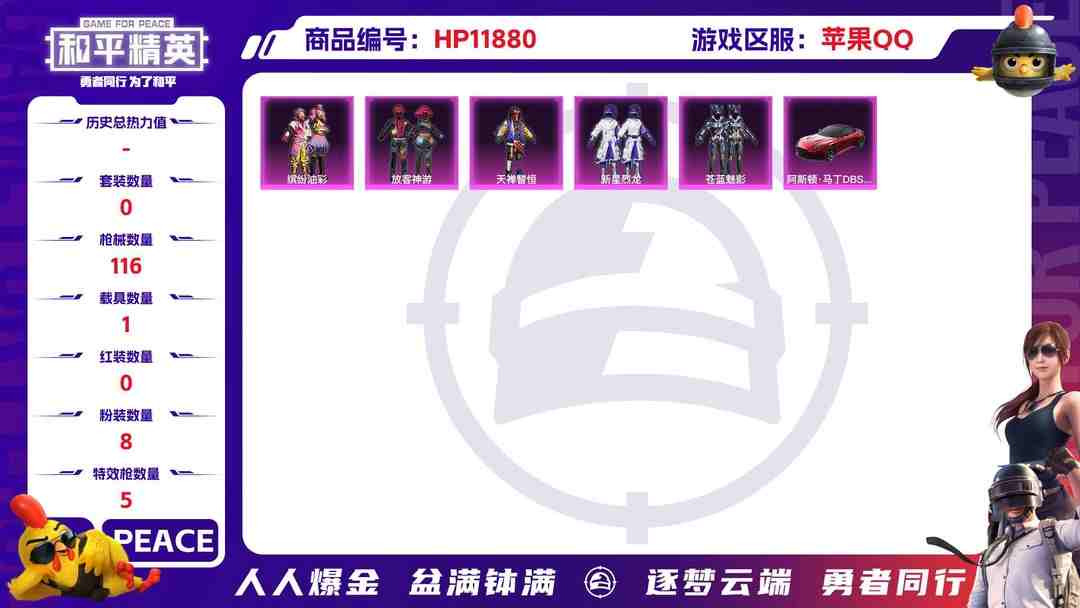和平精英账号苹果QQ24412 苹果手Q-6王牌印记-8粉装-5特效枪-1载具-39210热力值-85套装-116枪皮-2卓越印记-0传奇印记
【8粉装】,缤纷油彩,放客神游,新星烈龙,桃粉嫣然,千金淑猫,天禅智恒,