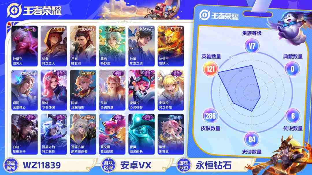 王者荣耀账号安卓VX可二次【286皮肤6传说1星元至尊宝】安卓V区-121英雄-286皮肤【星元皮肤】幽冥火【传说皮肤】曦玄引 鸣野蒿 无限倾心 挚爱之约 时之恋人 地狱火【史诗皮肤】至尊宝 星界游侠 顽趣 电玩·爆裂