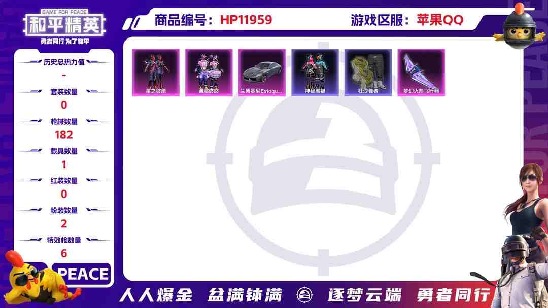 和平精英账号苹果QQ25374 苹果Q-55144热力值 10王牌印记 历史超级王牌12星 129套装 182枪皮 【1载具】 兰博轿车灰色 【1稀有】 浪漫天命 【2粉装】 星之彼岸 流星咚咚 【6特效枪】 SCA