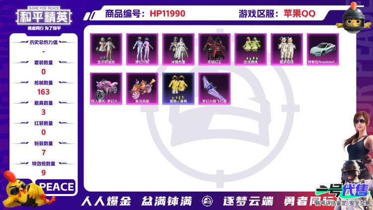25932 苹果Q-58175热力值 8王牌印记 历史超级王牌10星 109套装 163枪皮 【3载具】 特斯拉R水滴蓝 双人摩托梦幻火箭 鬼马风驰 【2稀有】 派对舞王 派对舞王（金靴子） 【7