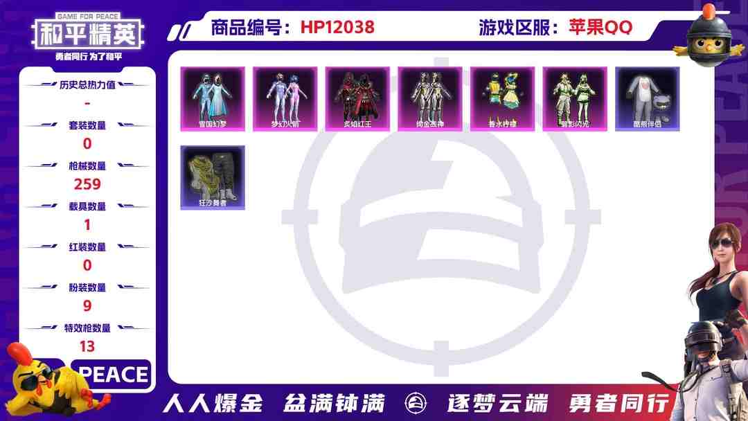 和平精英账号苹果QQ26224 炸弹脸 苹果Q-90909热力值 23王牌印记 历史无敌战神 196套装 259枪皮 【1载具】 仰望U7先锋版(阿盖尔紫) 【5稀有】 奇异狩猎者 都市猎人 浪漫天命 派对舞王 派对